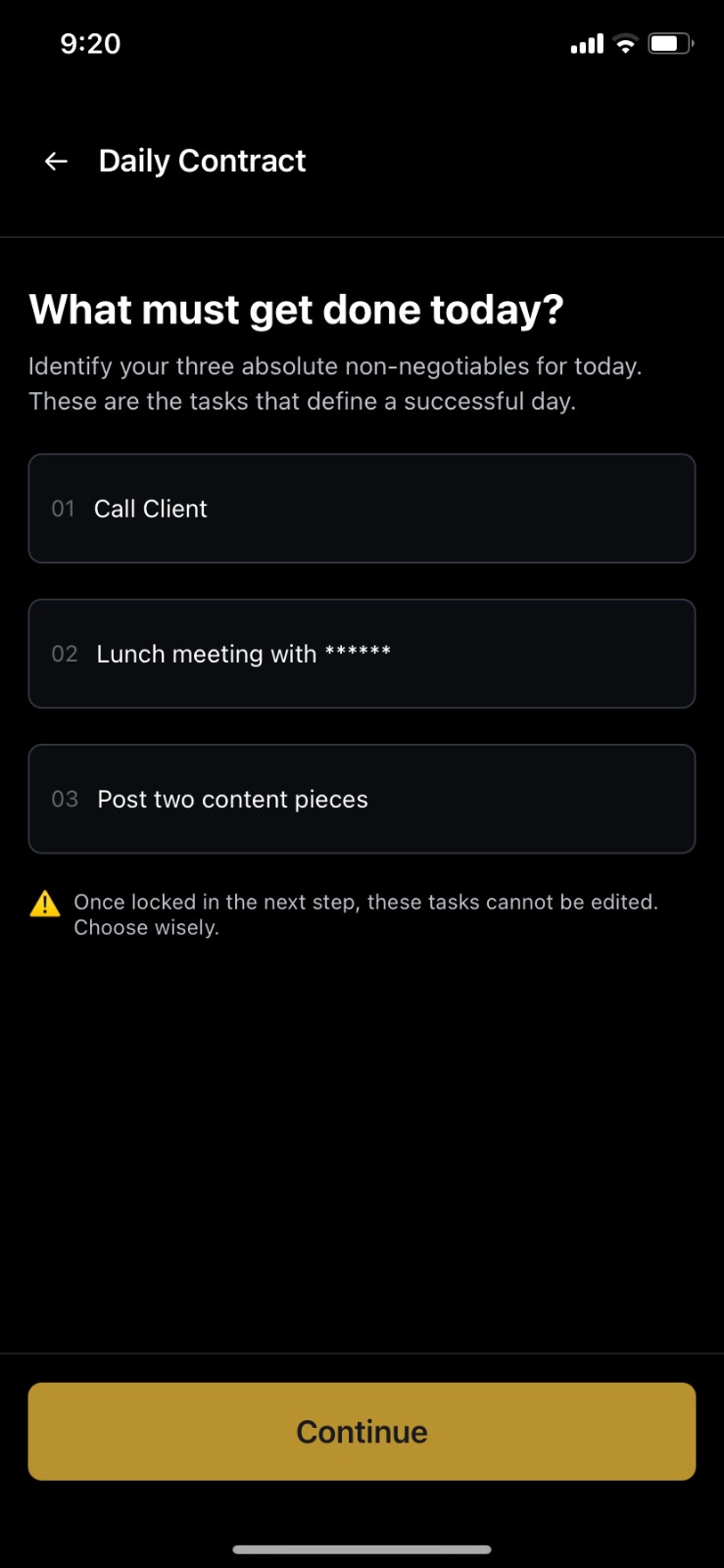 Alpha OS Daily Contract screen — What must get done today with 3 critical tasks