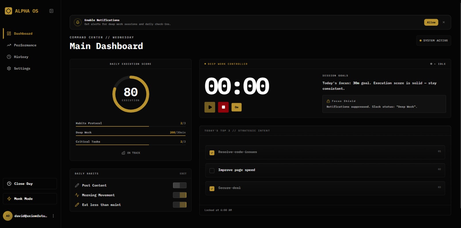 Alpha OS Desktop Dashboard — execution score, deep work timer, daily habits, and strategic intent