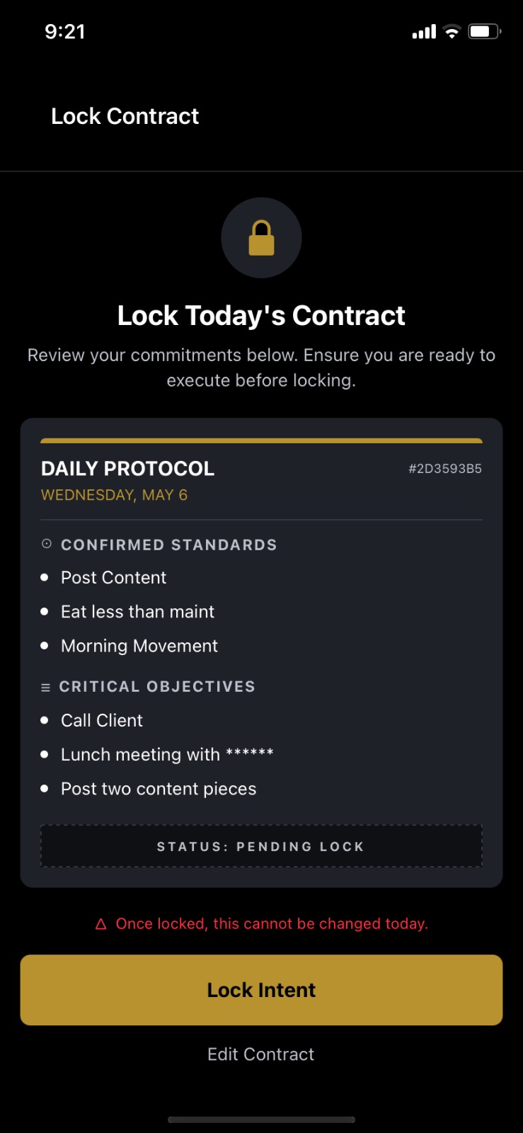 Alpha OS Contract Lock screen showing daily protocol with confirmed standards and critical objectives