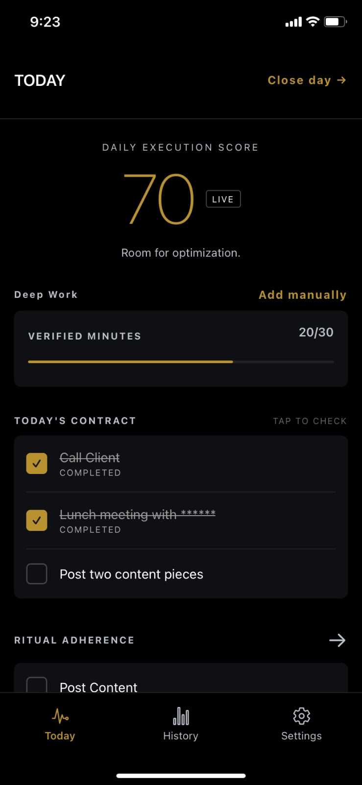 Alpha OS Today view — Daily Execution Score of 70, deep work tracking, and contract checklist
